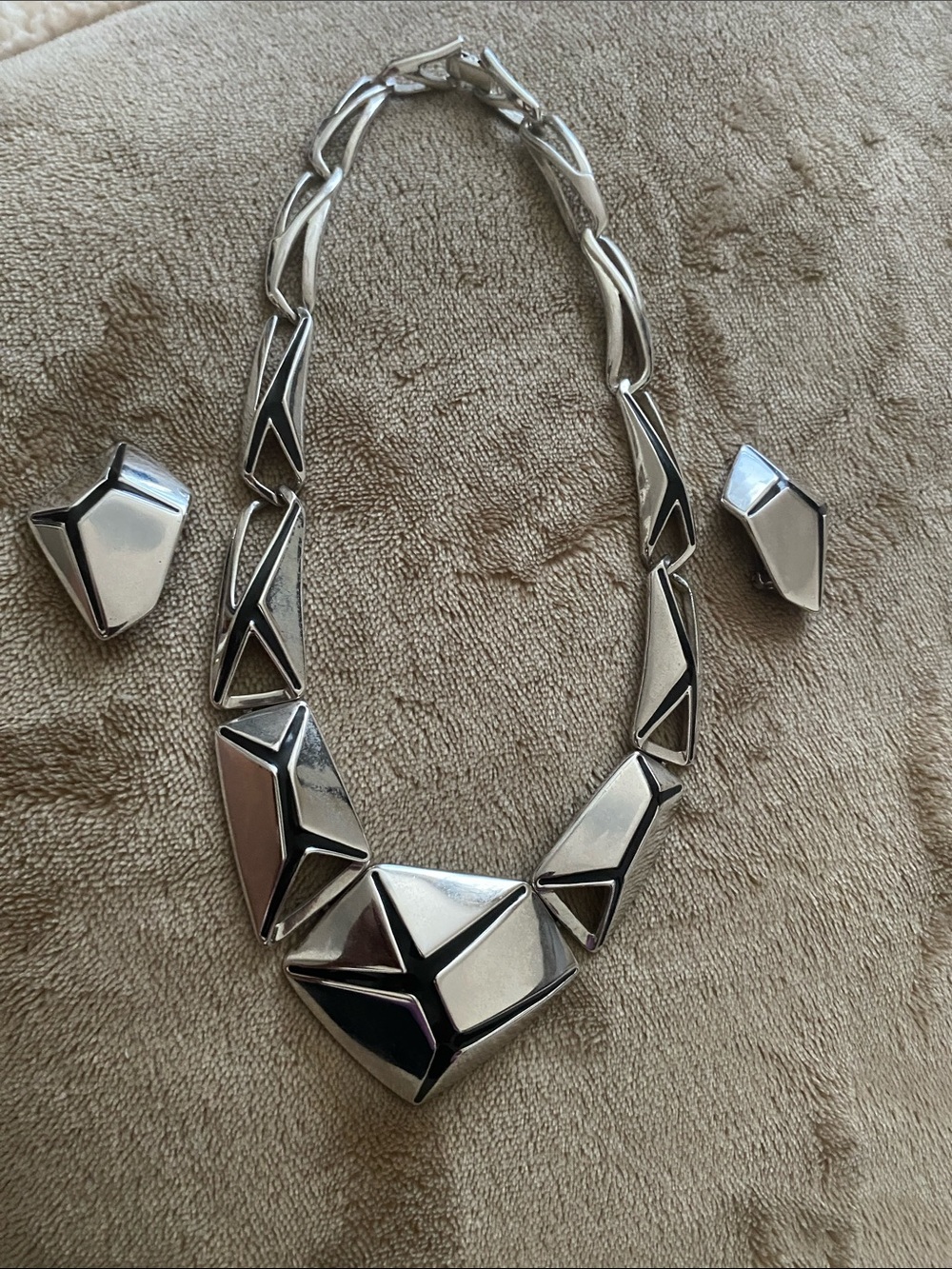 Trifari Geometric Silver-Tone Statement Necklace and Earring Set